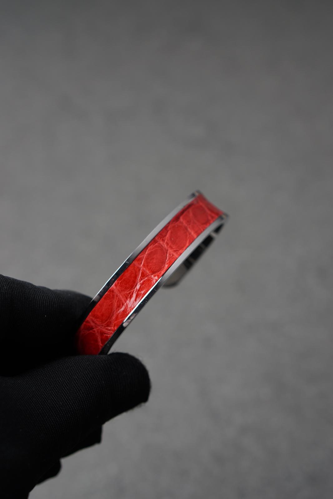 Bratara dama din inox 316 L cu insertie de piele rosie