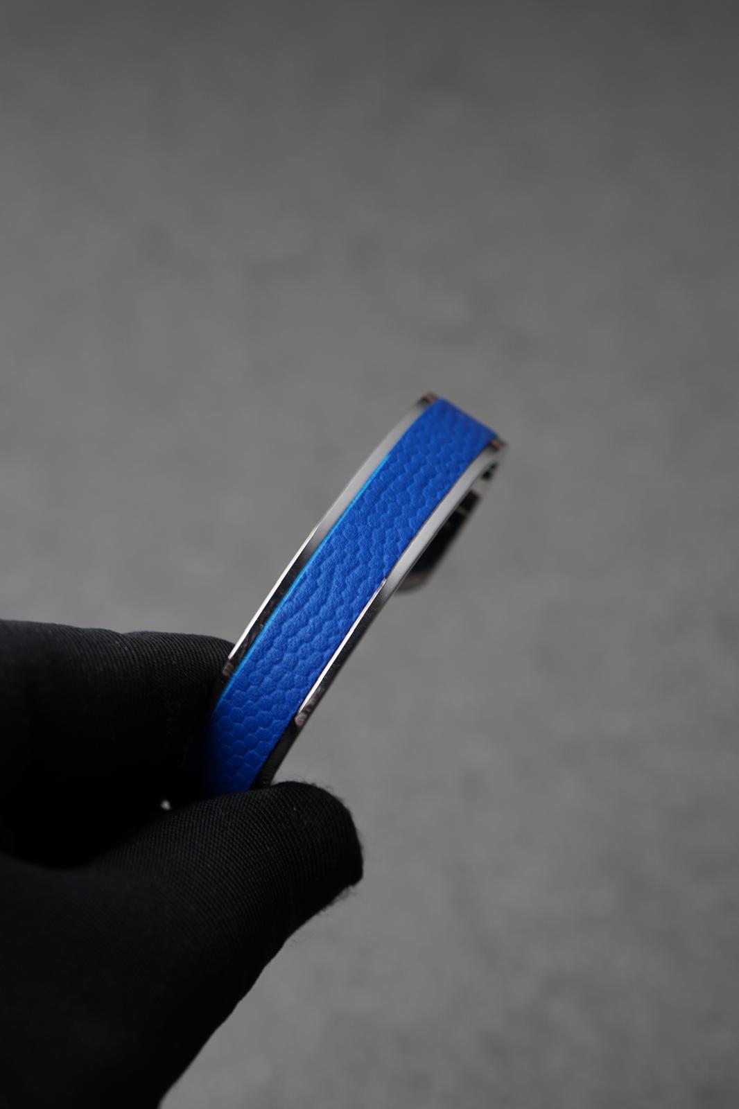 Bratara dama din inox 316 L cu insertie de piele albastra