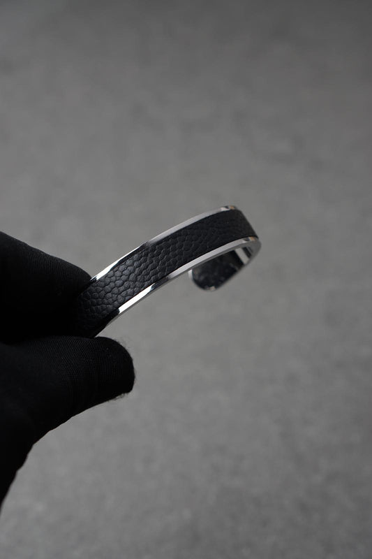 Bratara dama din inox 316 L cu insertie de piele neagra