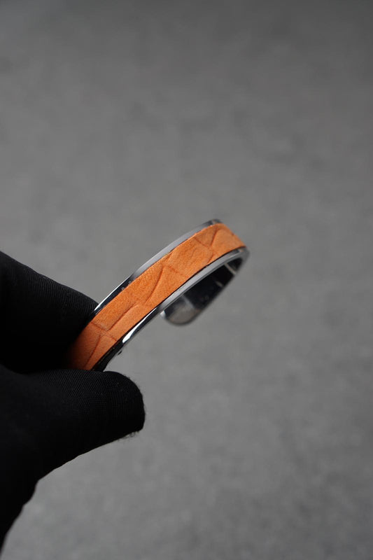 Bratara dama din inox 316 L cu insertie de piele portocalie