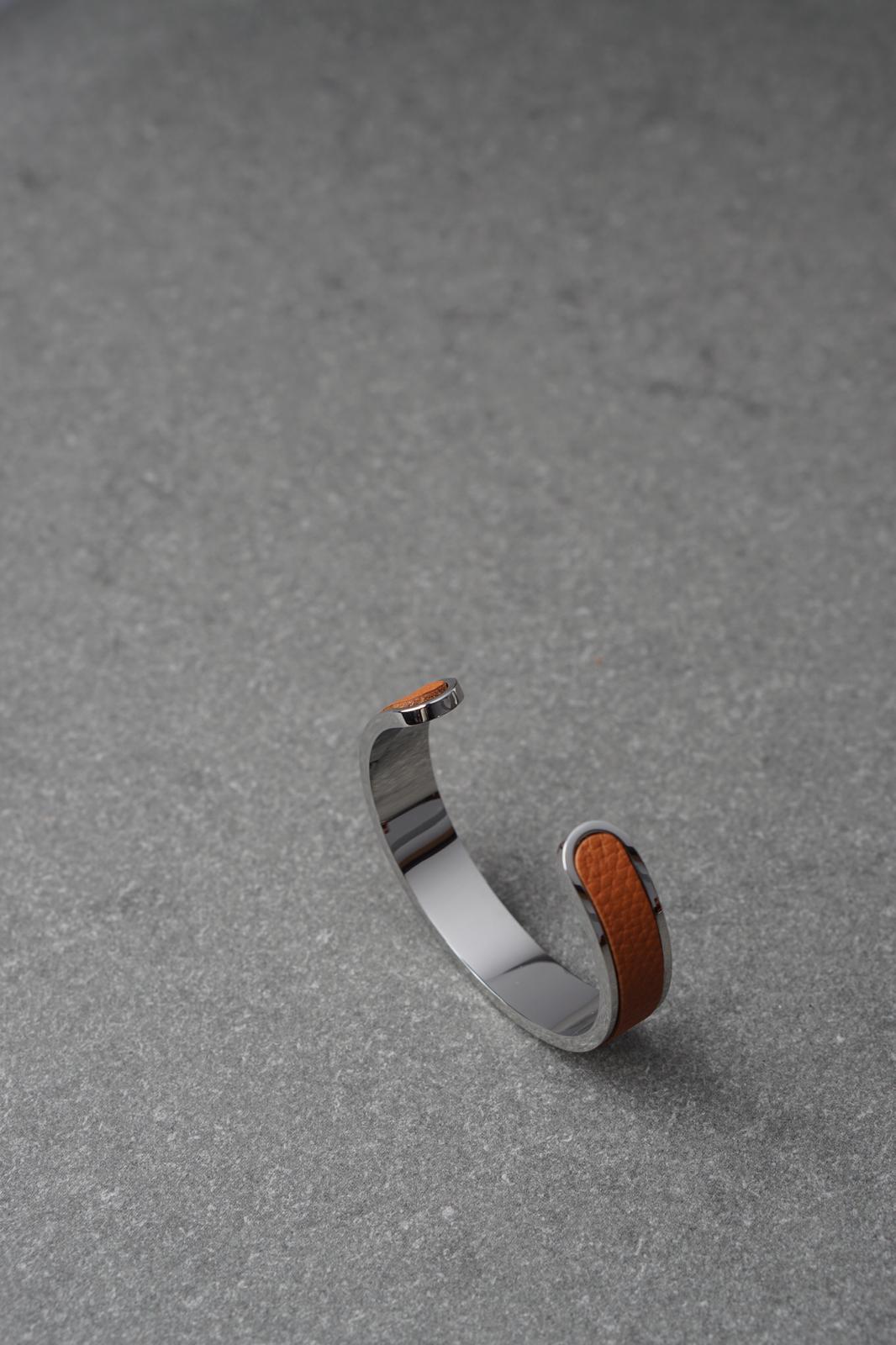 Bratara dama din inox 316 L cu insertie de piele mustar