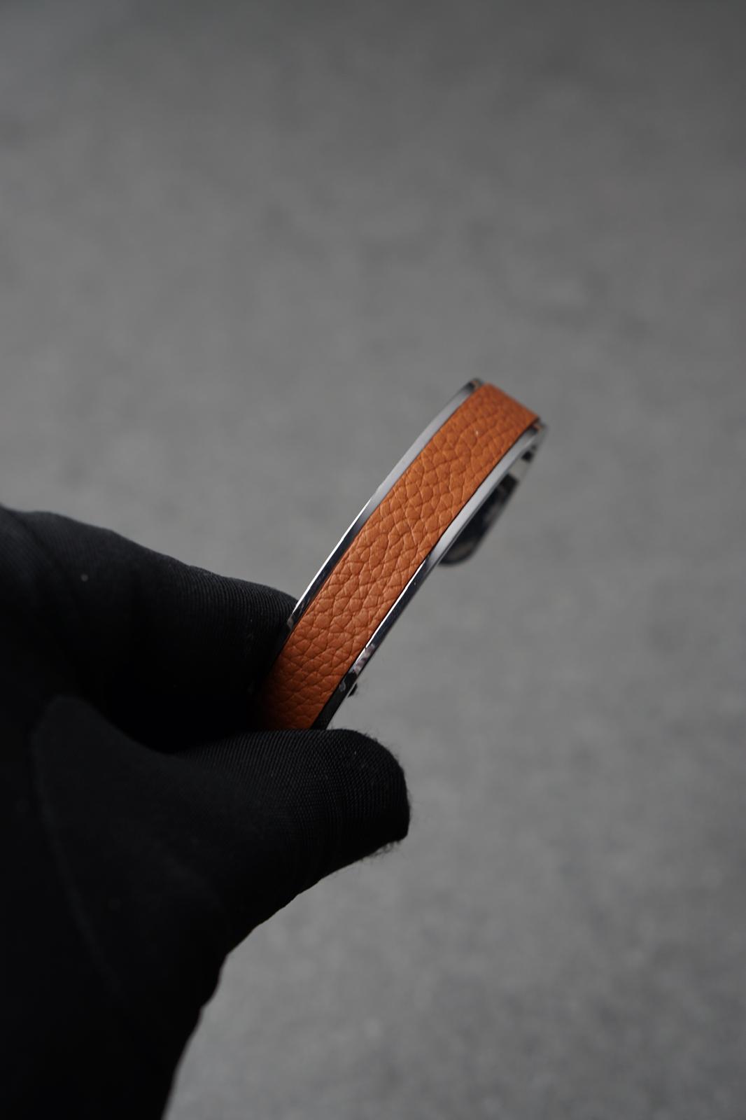 Bratara dama din inox 316 L cu insertie de piele mustar